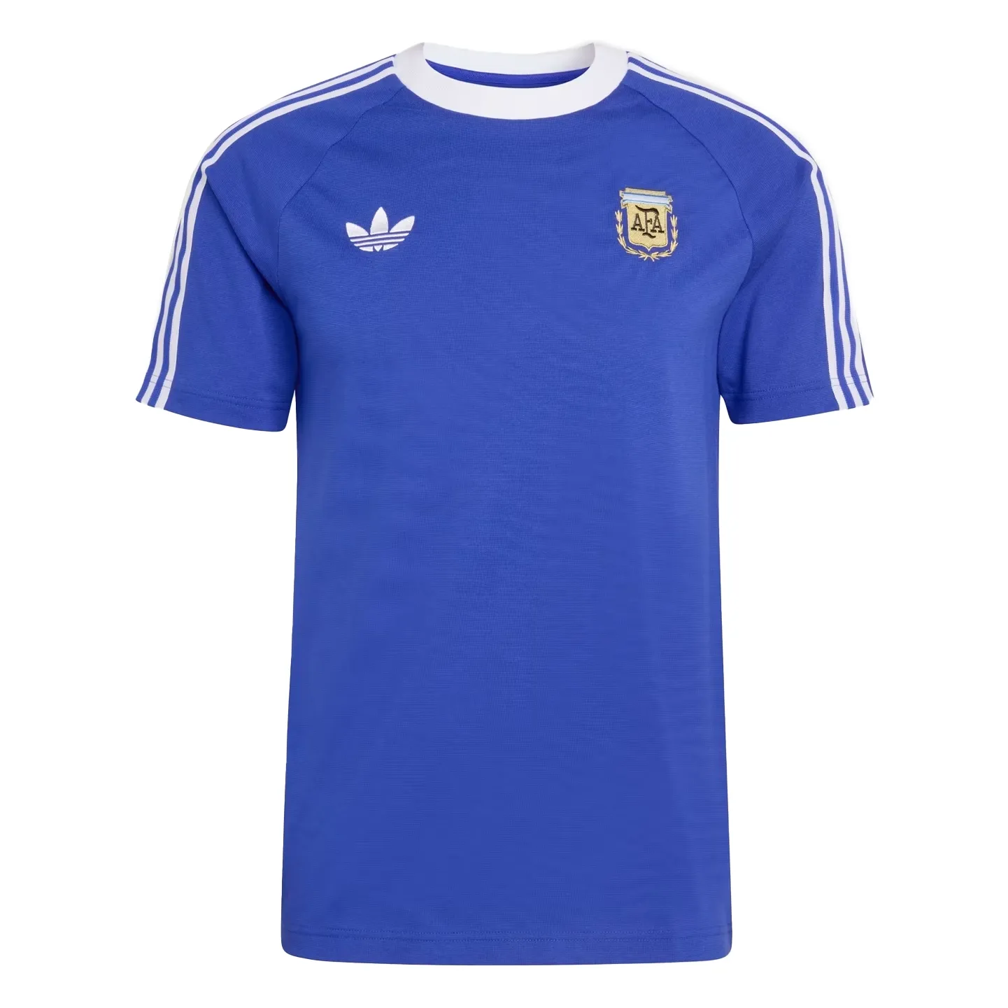 Vista lateral da camiseta Adidas Argentina Origi Copa26 azul com detalhes brancos